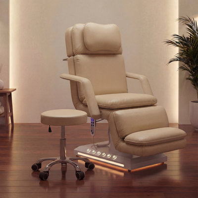 Electric Massage Bed with Adjustable Height, Backrest & Leg Rest, Professional Massage Table with Dual-Layer Cushion & Adjustable Stool, Remote & Foot Control, LED Buttons