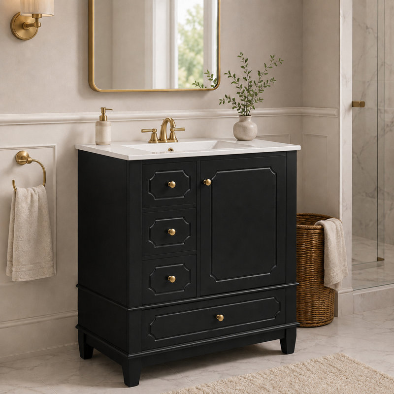 Meuble-lavabo autoportant de 30 po Velmori avec comptoir en céramique et rangement intelligent, Black, Satin Brass