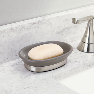 iDesign Ceramic Soap Dish for Bathroom Sink - Matte Grey/Brushed