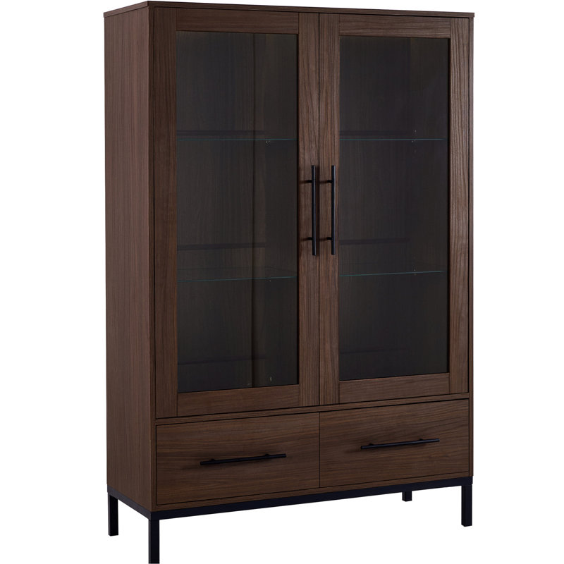 Vitrine de bureau et d'étude de 60 po de hauteur avec porte en verre trempé, lumières DEL, noyer, 4 tablettes réglables, 2 tiroirs, éclairage de porte de salon