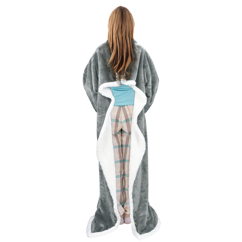 Gray Sherpa Fleece Wearable Blanket with Sleeves and Foot Pockets