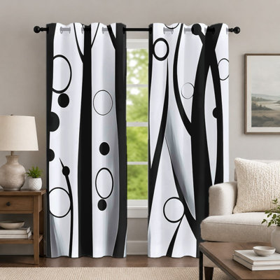 2 pièces rideaux à cercles géométriques noirs et blancs, rideau de style abstrait minimaliste, rideaux à œillets à motif linéaire monochrome moderne, habillage de fenêtre pour décoration de salon de chambre à coucher