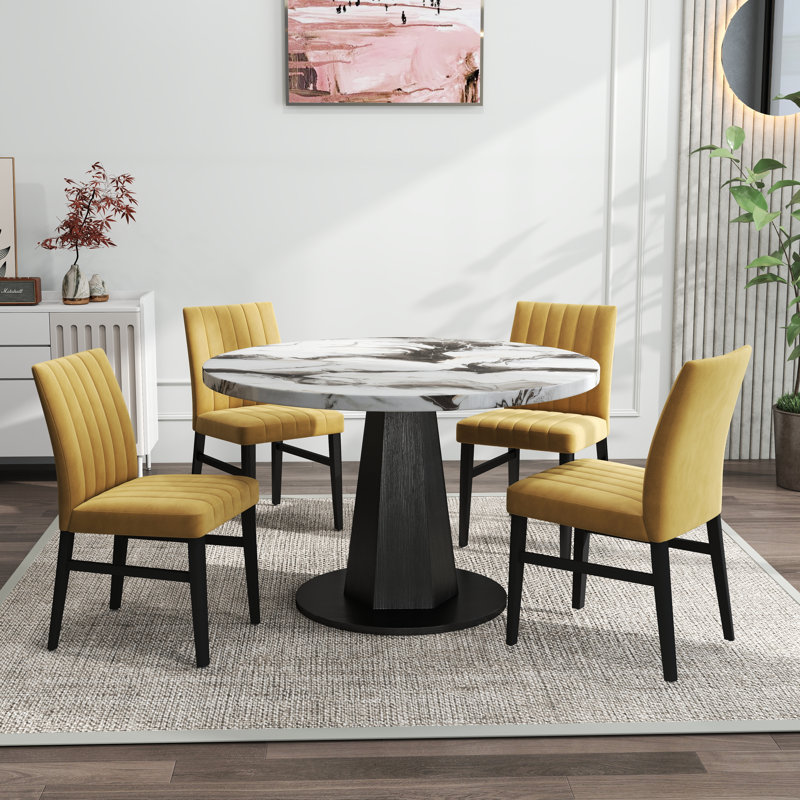  Table de salle à manger 5 pièces Cavira, Blanc, Jaune