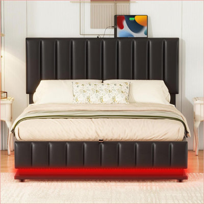 Full Size PU Leather Upholstered Platform Bed with Hydraulic Storage &amp; LED Lights, Black – No Box Spring Needed for Modern Bedrooms