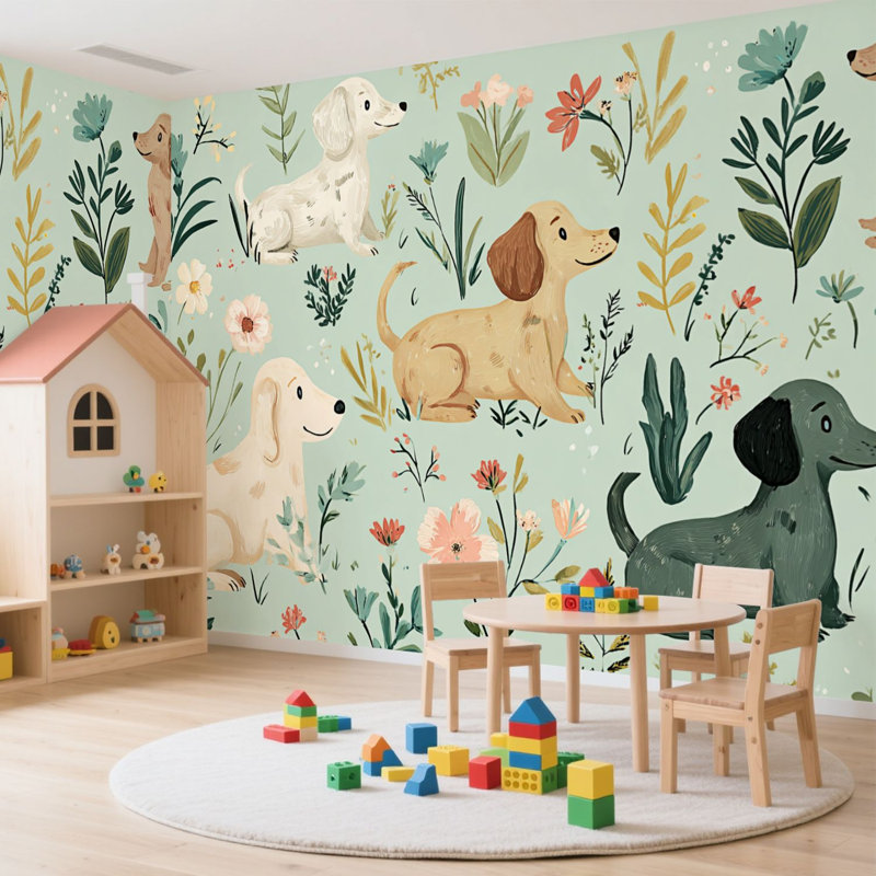 Papier peint adhésif à peler et coller sans soudure avec motif de chiot teckel à motif floral vert brun et chambre de bébé autocollant amovible en papier contact mural pour salon Chambre à coucher H 100 po x l 144 po