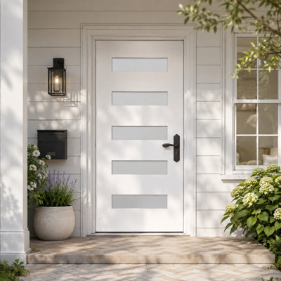 36" x 80" Contemporary 5-Lite Fiberglass Front Entry Door with Frosted Glass, 4-9/16" White PVC Frame and Brickmould, Knock-Down, Left-Hand Inswing, White