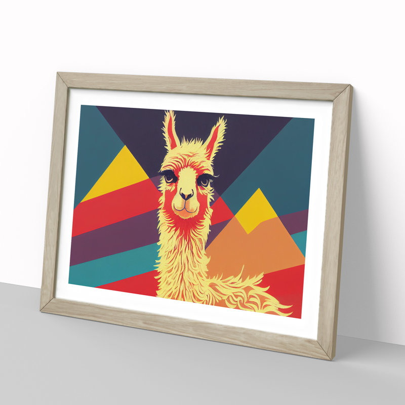 Retro Llama - Single Picture Frame Print, 34cm H x 46cm W x 2cm D, Oak Framed