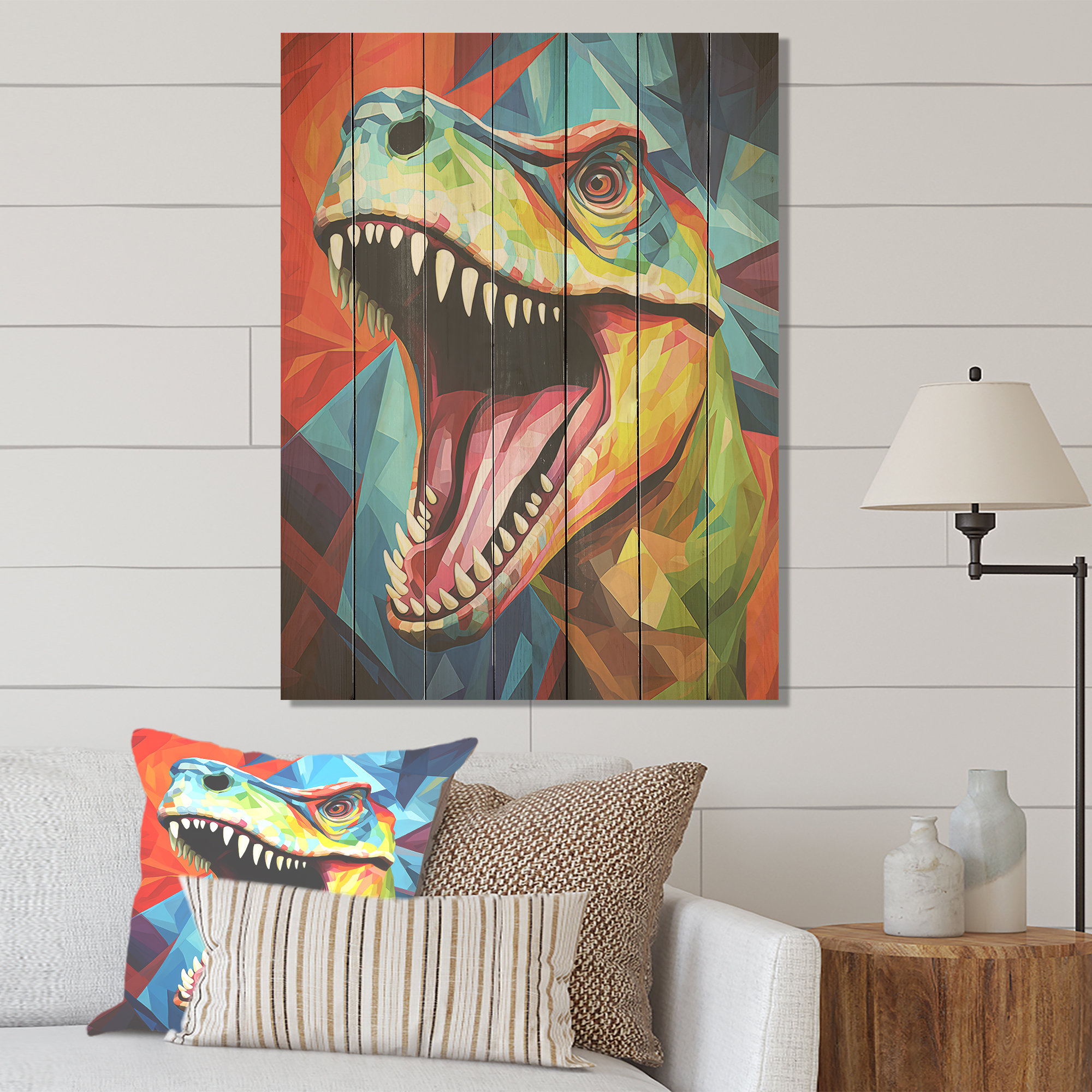 Trinx Cubist Colorful Trex Dino I - Dinosaur On Wood Print | Wayfair