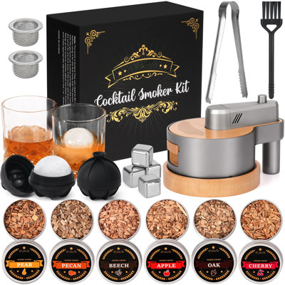 Ensemble de fumoir à whisky avec torche portative - 6 saveurs de copeaux de bois - ensemble de tasses à filtre fumé Bourbon Whiskey, ensemble de cocktail à l'ancienne fumé, cadeau d'anniversaire Bourbon Whisky pour les hommes, pour papa, mari