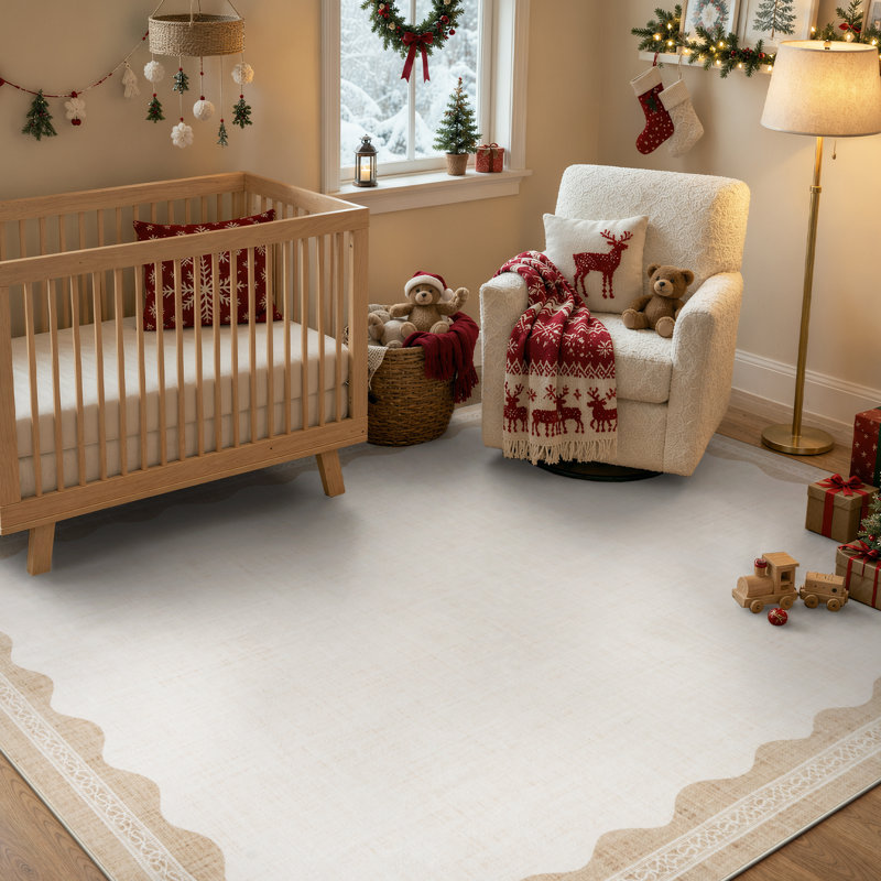 Tapis beige vintage à bordure ondulée, lavable et antidérapant, idéal pour le salon, la chambre à coucher ou le bureau.