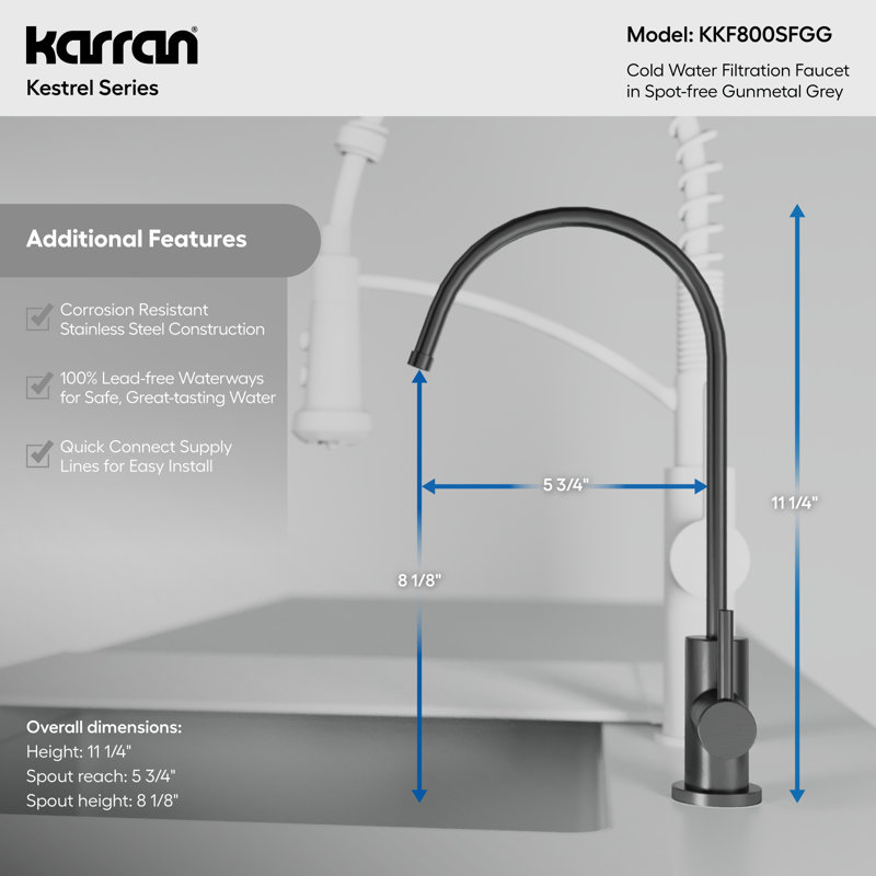 Karran Kestrel Single Handle Beverage Faucet in Spot-Free Gunmetal Grey, Gunmetal Black