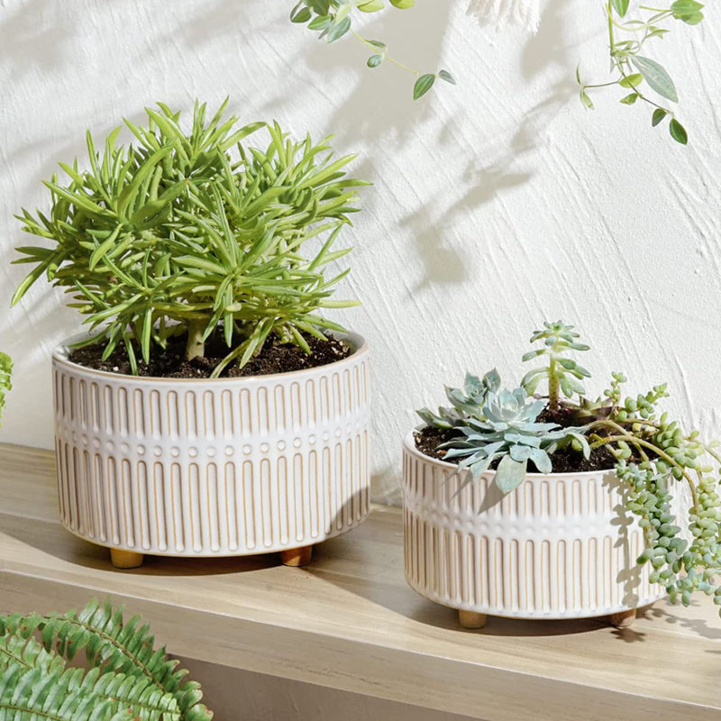 6,5 + 8 pouces pot en céramique avec trou de drainage, Glacis réactif blanc