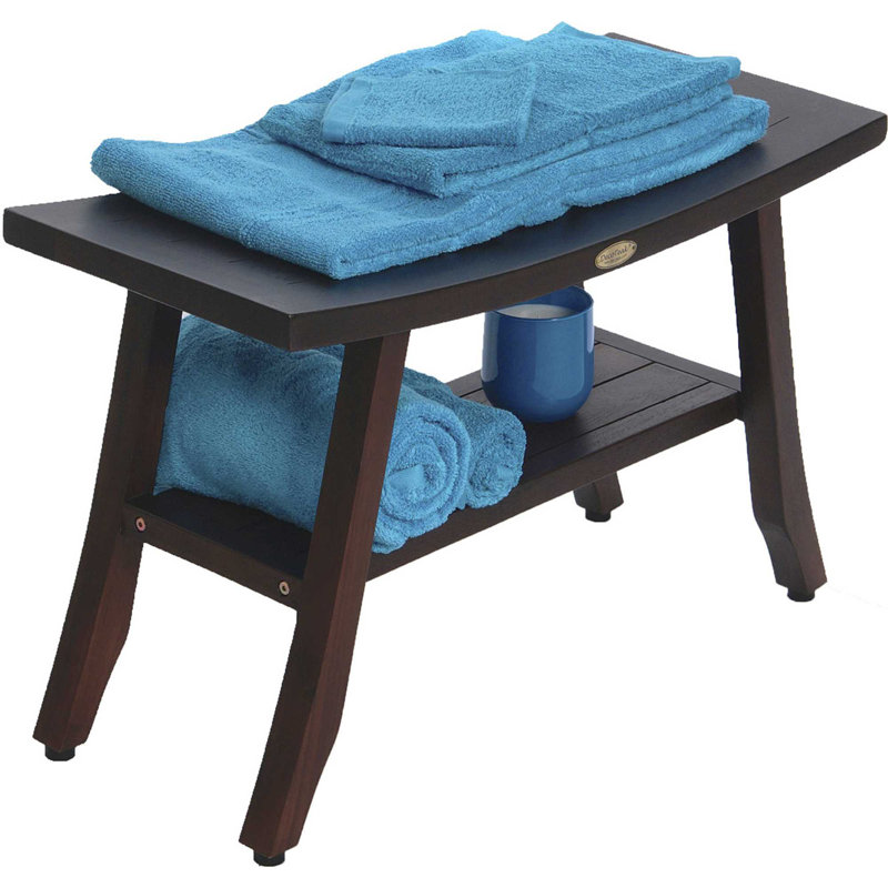 Banc de douche en teck avec tablette, 18" H x 28" W x 12" D, Black