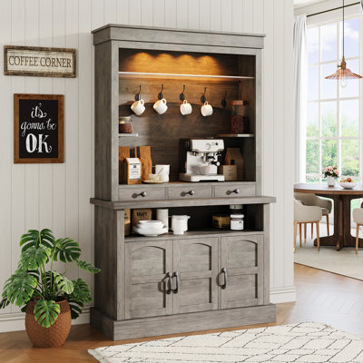 Meuble-bar à café avec éclairage DEL, haut de 183 cm, style ferme, avec rangements, buffet avec support pour micro-ondes, étagère en verre, 6 crochets et 3 tiroirs, idéal pour la cuisine, le salon ou la salle à manger, gris.