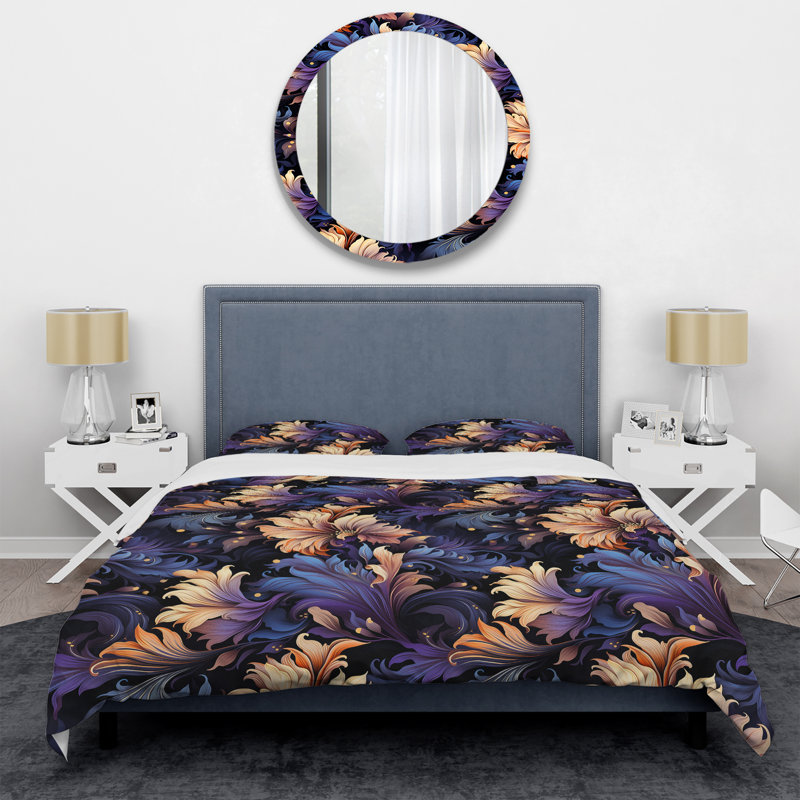 Ensemble de housse de couette astral bleu mauve et damassé Radiance I, Housse de couette pour grand lit et 2 taies décor