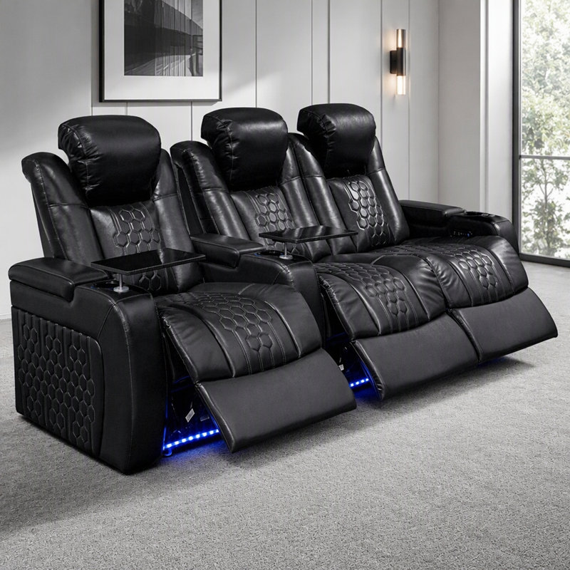 Fauteuil inclinable électrique 93,3 po pour 3 personnes fabriqué avec nappa de grain supérieur, relaxation entièrement réglable, charge intelligente, éclairage à DEL RVB dynamique, noir