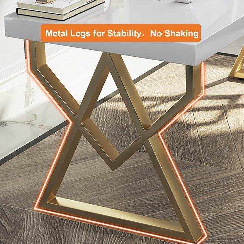40" Modern White Rectangular Writing Desk With Gold Base