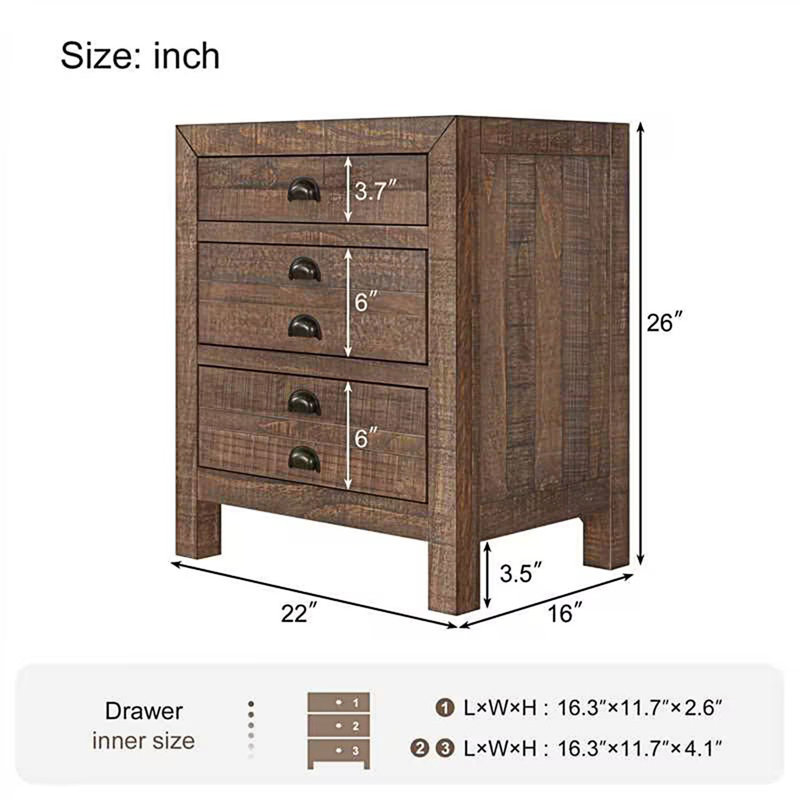 Rustic Farmhouse Style 3-Drawer Nightstand With Cup Pulls And Integrated Charge Station, Small Bedside Table
