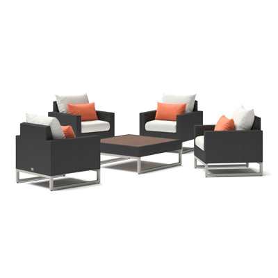 Atie Espresso 5 Piece Sunbrella Outdoor Club Chair Conversation Set - Cast Coral