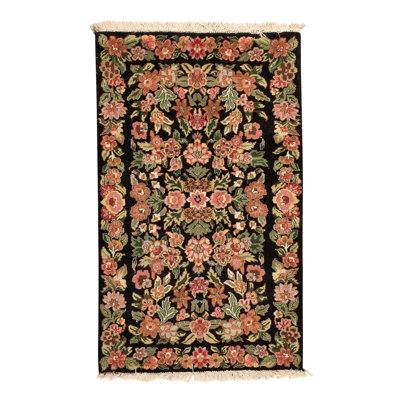 Tapis rose / vert / noir en laine et en coton noué à la main à motif floral 3 pi x 4 pi 11 po