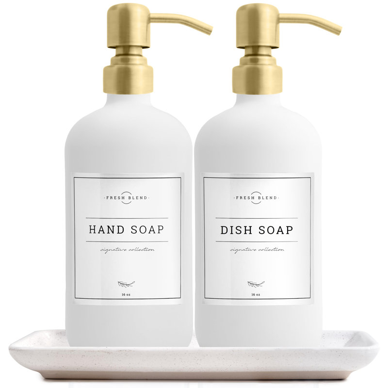Distributeur de savon en verre Amber, ensemble de 2 distributeurs de savon de cuisine avec plateau en céramique, pompe en acier inoxydable, distributeur de savon à vaisselle et savon à main pour la décoration de la salle de bain