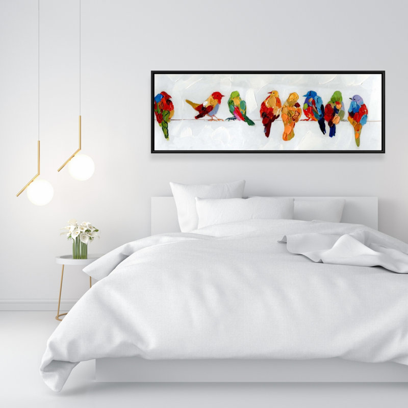 Oiseaux colorés sur un fil | Décoration sur toile encadrée, H 49,25 po x l 17,25 po