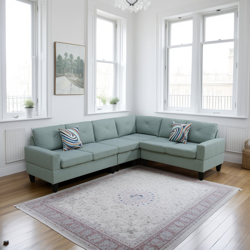Caelean Upholstered L-Shaped Sectional Reversible, Pale Green Linen Blend, Black