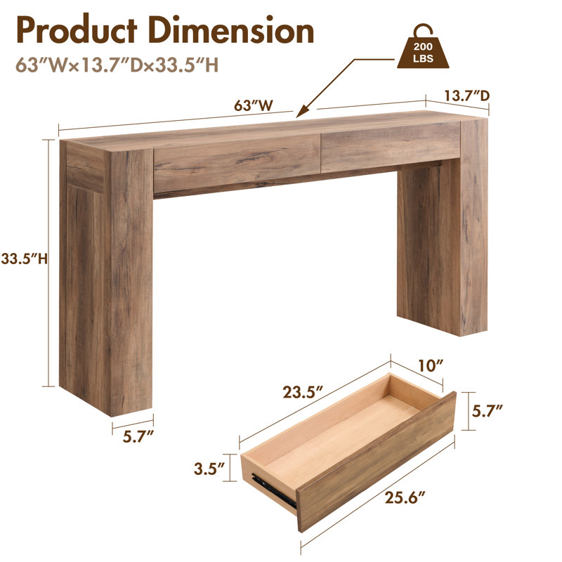 63-Inch Farmhouse Console Table - Rectangular Sofa Table Behind Couch, Entryway Table For Foyer, Hallway, Living Room