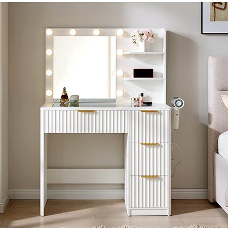 92cm W Modern Dressing Table with 4 Drawers, 3-Colour LED Mirror & Built-In Power, White