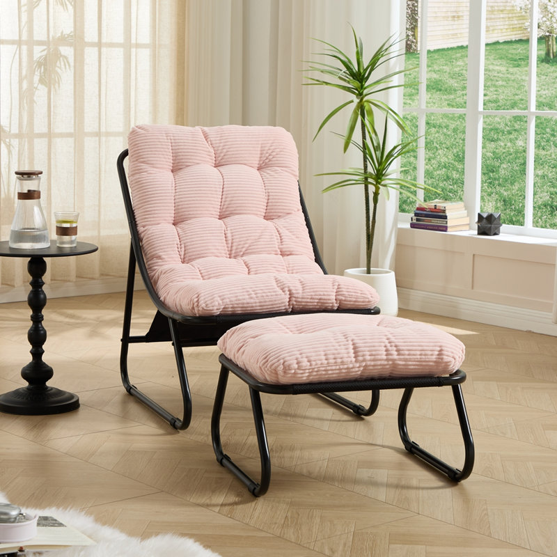 Patio Outdoor Lounge Chair with Ottoman, Pink Corduroy