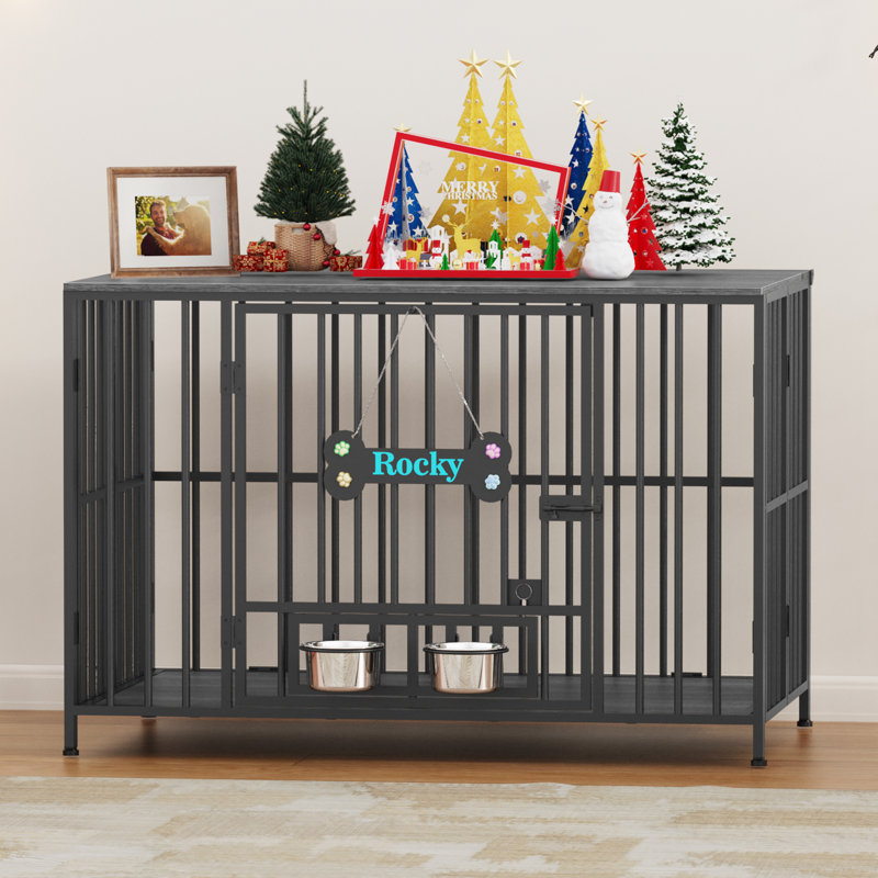 Large Foldable Dog Crate Furniture, Assembly-Free Dog Crate With Adjustable Bowls And Name Tag For Small, Medium, Large Dog