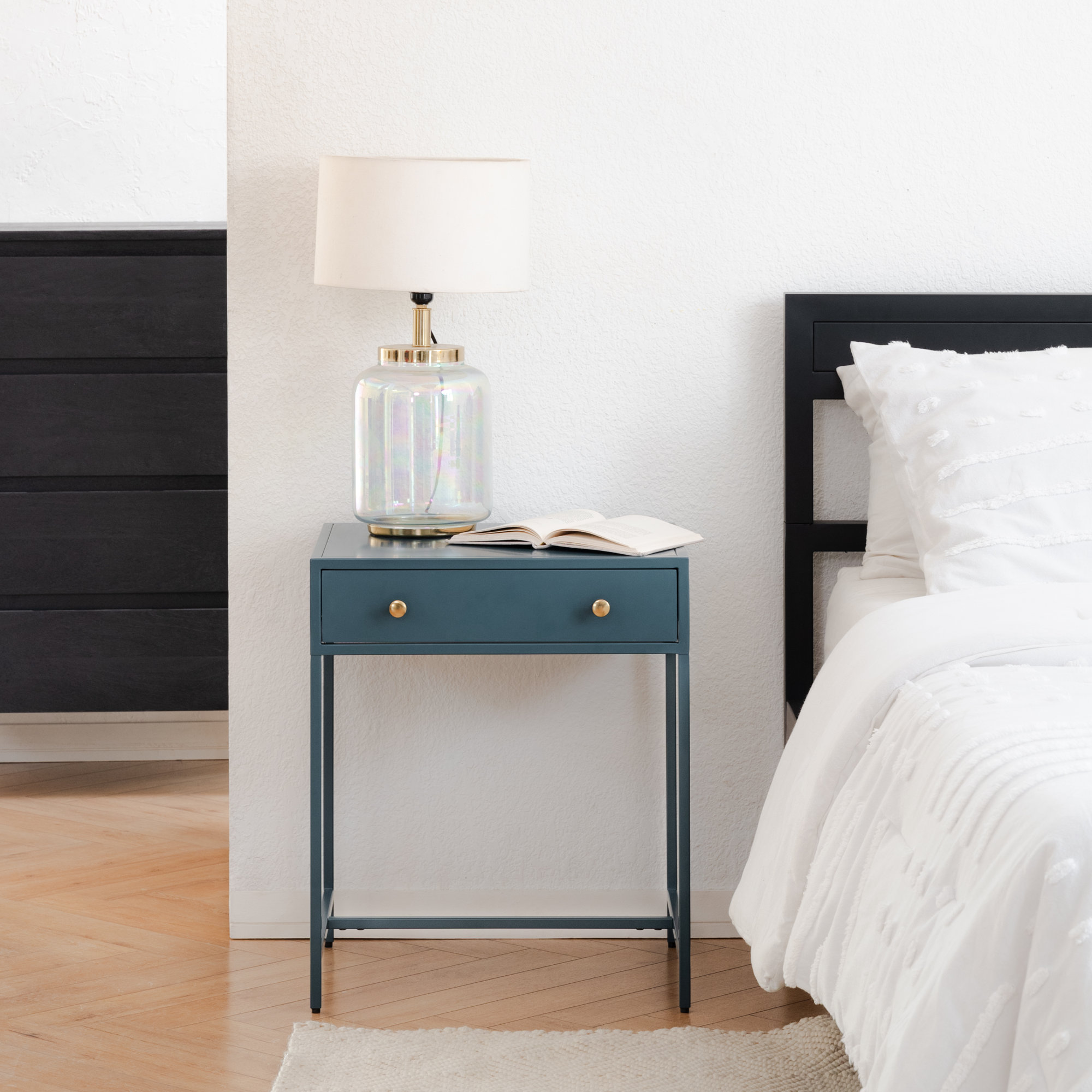 Willmert 24'' Tall 1 - Drawer Iron Nightstand in Black, Blue