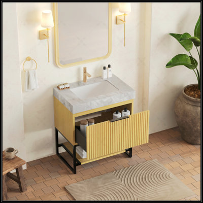 Freestanding Bathroom Vanity With Carrara White Sintered Stone Top, Undermount Ceramic Basin, And Corolla Oak Woodgrain Plywood Cabinet