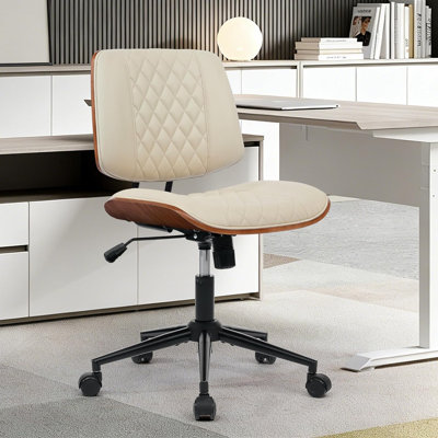 Chaise de bureau à domicile avec roulettes pivotantes, petite chaise de bureau ergonomique à hauteur réglable, chaise d'ordinateur sans accoudoirs en cuir de polyuréthane de qualité supérieure pour bureau à domicile, salle de réunion de lecture, style noyer moderne (beige)