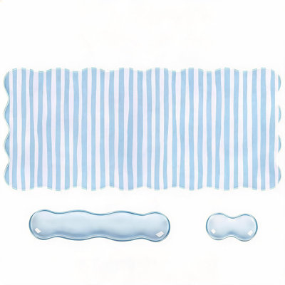 Ensemble de grand tapis de souris rayé pour bureau, tapis de clavier à base en caoutchouc avec repose-poignets en silicone et support pour le poignet de la souris, tapis de bureau de jeu Wave-Edge étendu bleu pour poste de travail à domicile ou au bureau.