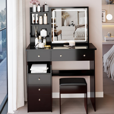 Ensemble de coiffeuse de bureau avec tabouret rembourré, 2 prises CA et 2 prises USB, support pour sèche-cheveux et miroir coulissant à DEL
