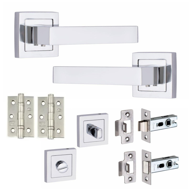  Delta Design Premium Bathroom Set Door Handles in Polished Chrome with Latch, Dead Bolt and Ball Bearing Hinges