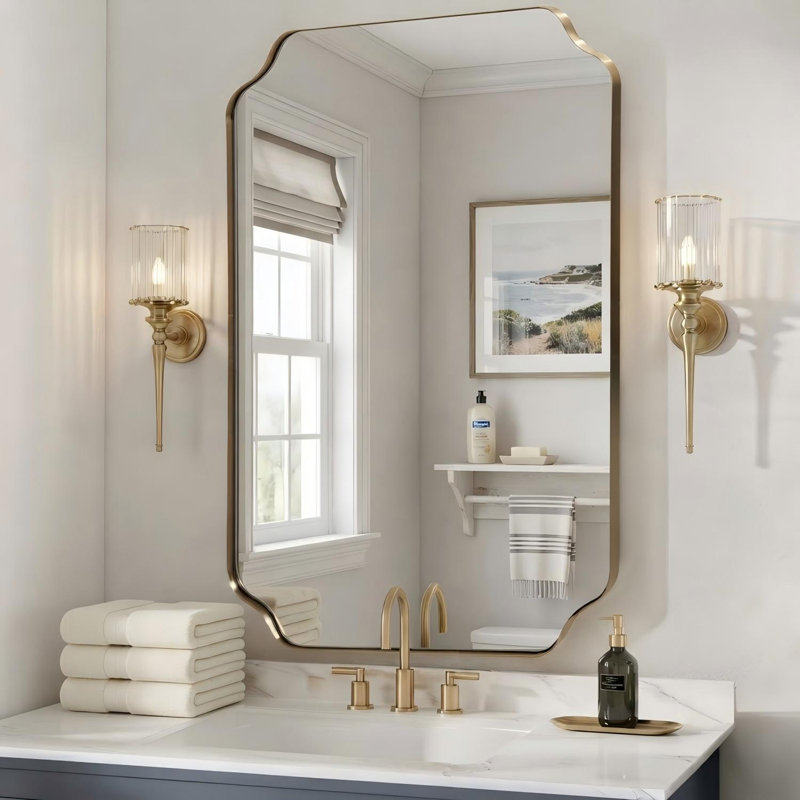 Rectangular Bathroom Vanity Mirror with Scalloped Corners – Stainless Steel Frame, Brushed Gold, 36" x 24"