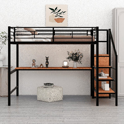 Lit mezzanine double en métal avec bureau intégré, escalier de rangement, petite armoire et lumière DEL