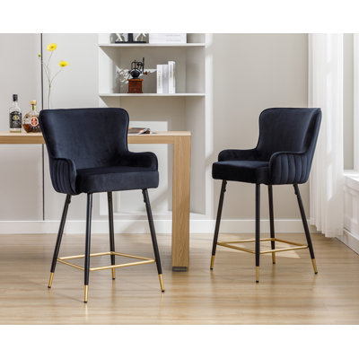 Semire Upholstered Full Back Bar & Counter Stool with Square Armrests and Metal Footrest, Luxury Bar Stool for Living Room