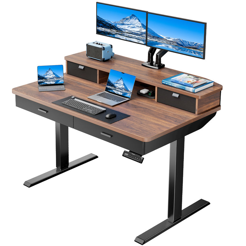 Bureau debout électrique réglable en hauteur avec tablette de rangement et tiroir coulissant, poste de travail ergonomique moderne
