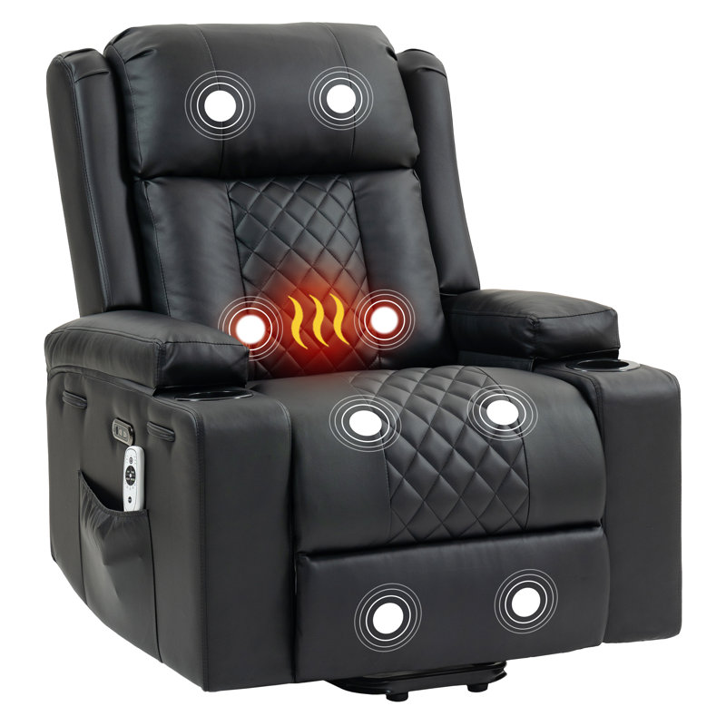 PU Leather Electric Power Lift Heated Massage Recliner Chair with Cup Holders and USB Type C (Black), Black