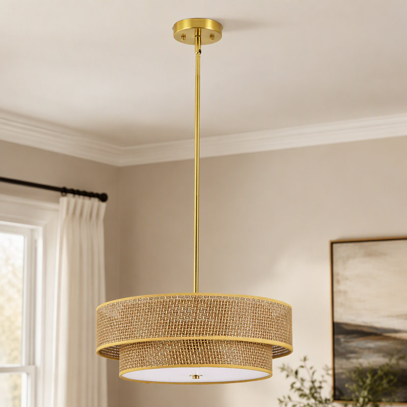 Plafonnier semi-encastré en rotin tressé et lin de 45 cm (17,7 pouces), style bohème moderne, lampe à tambour