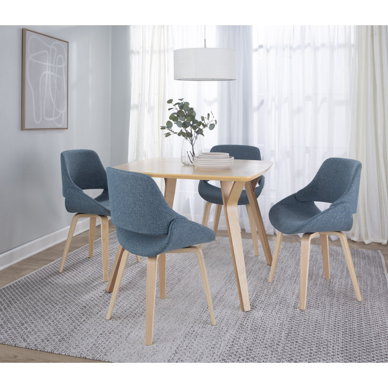 Najrin Upholstered Side Chair with Bent Wood Legs, Natural Bent Wood, Blue Fabric