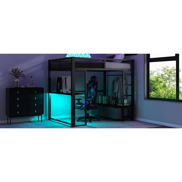 Brayden Studio Black Full Size Metal Gaming Loft Bed With Led, Desk ...