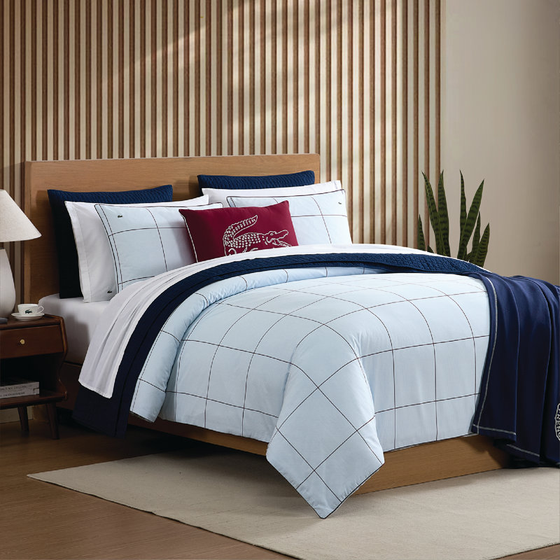 Lacoste Tennis Check Cotton King 3-Piece Light Blue Comforter Set, King Comforter + 2 Shams, Lt. Blue Tennis Checks