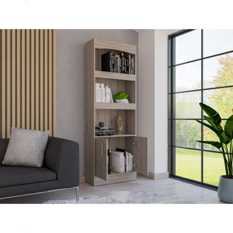 Bookcase, Three Shelves, Double Door Cabinet, Metal Hardware, Gray
