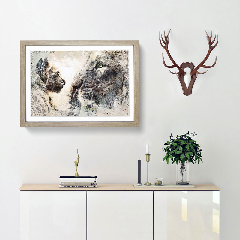 Lion Cub with Its Mother in Abstract - Picture Frame Painting Print, 27cm H x 36cm W x 2cm D, Oak Framed