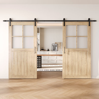 Homacer Double 32in x 80in Half Lite Grid Frosted Glass Unassembled & Unfinished Barn Doors with Non-Bypass Installation Hardware Kit, 11ft track, interior use only
