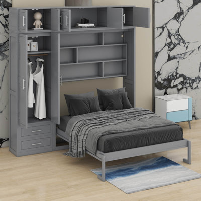 Grand lit escamotable grand format avec armoire supérieure, tablettes et garde-robe, pliable au mur